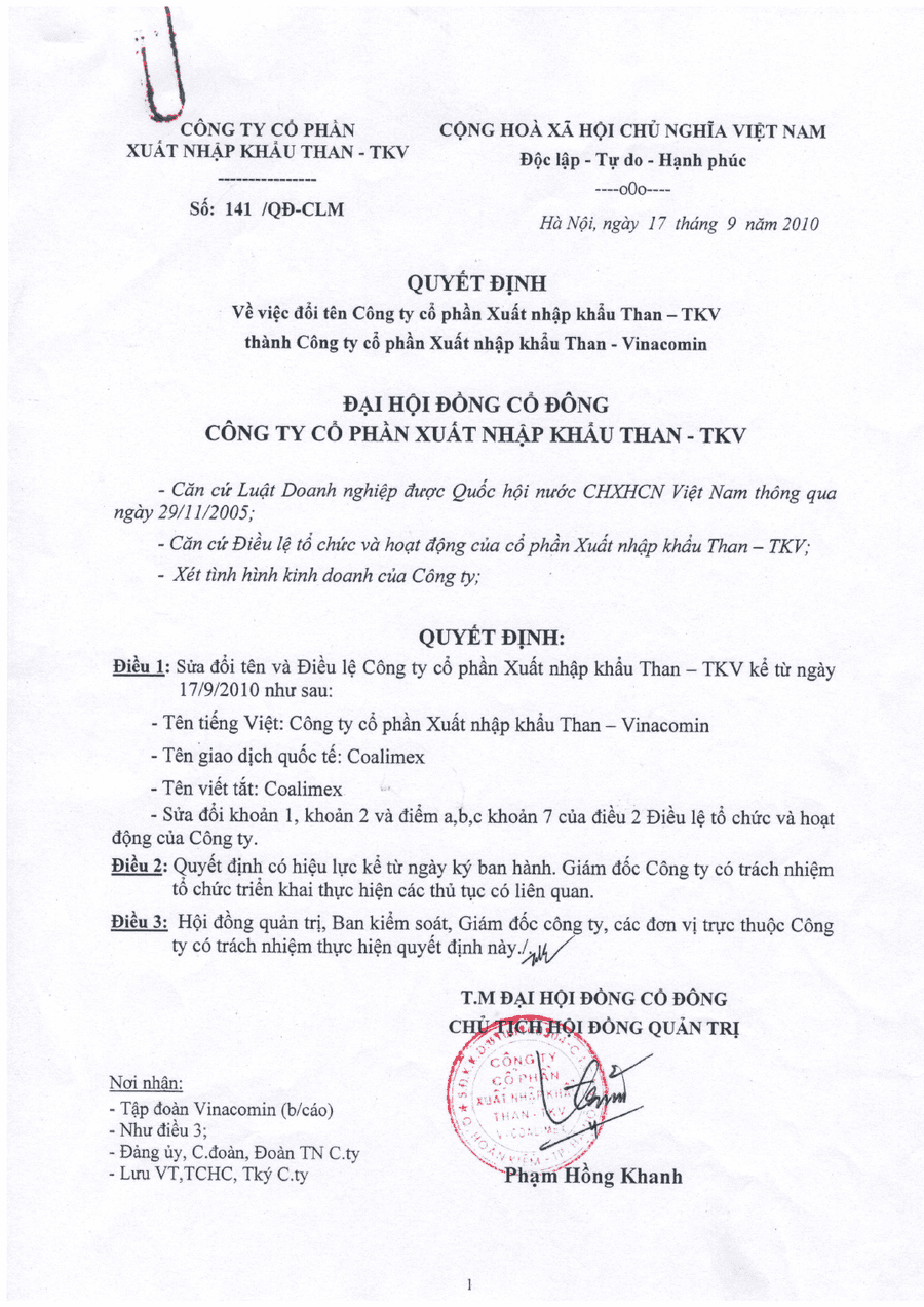 Bản scan Quyết định số 141/QĐ-CLM ngày 17/9/2010 đổi tên thành Công ty cổ phần Xuất nhập khẩu Than - Vinacomin, tiếp tục sử dụng tên giao dịch Coalimex.